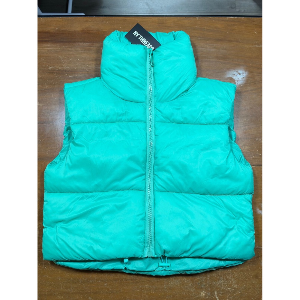 NY Threads Puffer Vest Women Small Teal New Quilted High Neck Zip Gilet